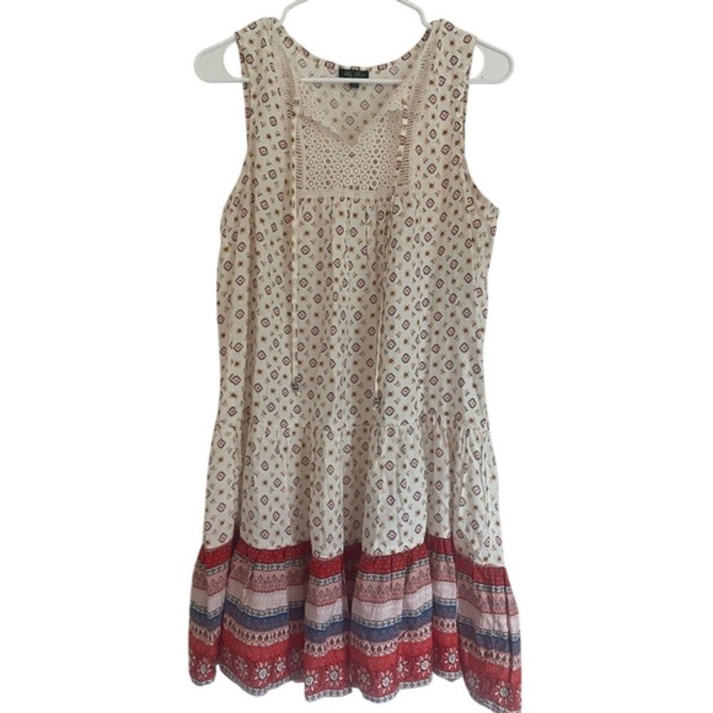 Sleeveless Tiered Dress Cream Red Blue Patterned Casual Boho SZ‎ Medium Style